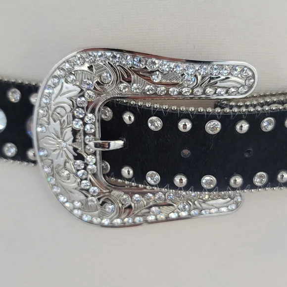 CW Country Western Crystal & Rhinestone Studded Leather Black Belt - Picture 2 of 13